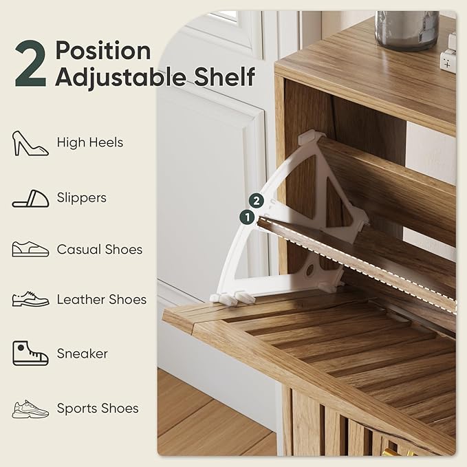 Shoe Storage Cabinet with 2 Flip Slatted Drawers, Narrow Freestanding Shoe - Image 4