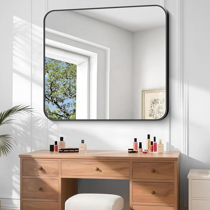 Bathroom Mirror, 48 x 40 inch Black Rectangle Wall Mirror, Metal Frame - Image 3