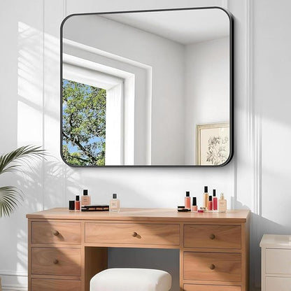 Bathroom Mirror, 48 x 40 inch Black Rectangle Wall Mirror, Metal Frame - Image 3