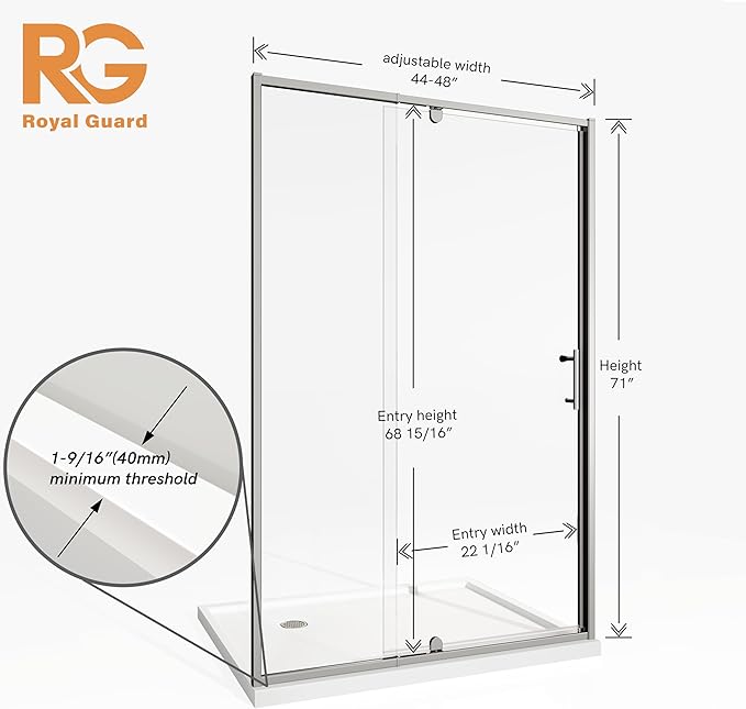 44-48" W x 71" H Pivot Swing Glass Shower Door, Pivot Frame Shower Door - Image 6