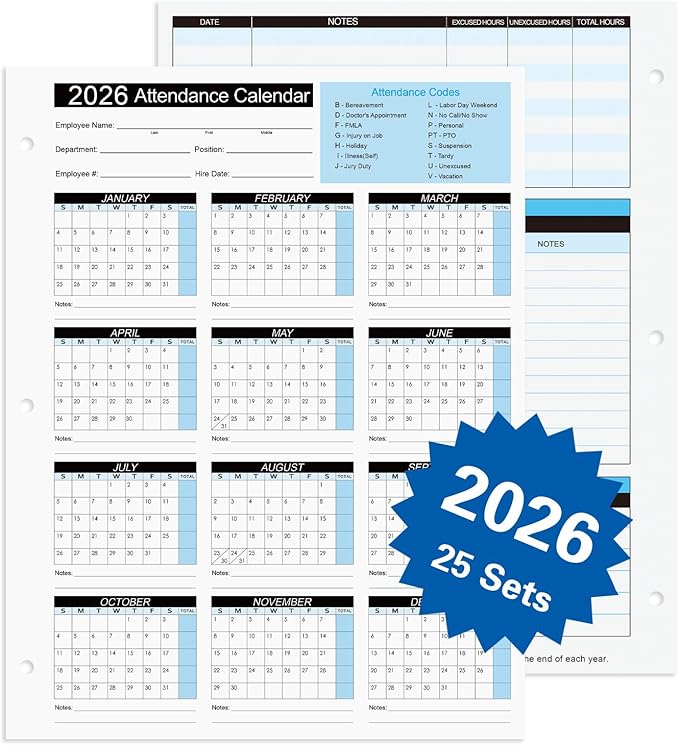 2026 Attendance Calendar Work Tracker Attendance Calendar Cards by FENTASY
