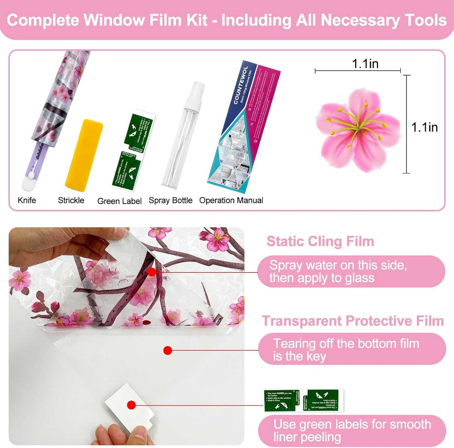 Countewol Stained Glass Privacy Window Film Static Cling Window Film Anti-Glare UV Protection Removable Decorative Window Clings for Home（Rainbow Sakura 78.7" L*17.5" W