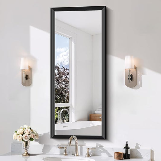 Black Bathroom Mirror 20 x 48 Inch Rectangle Wave Beveled by DESBING
