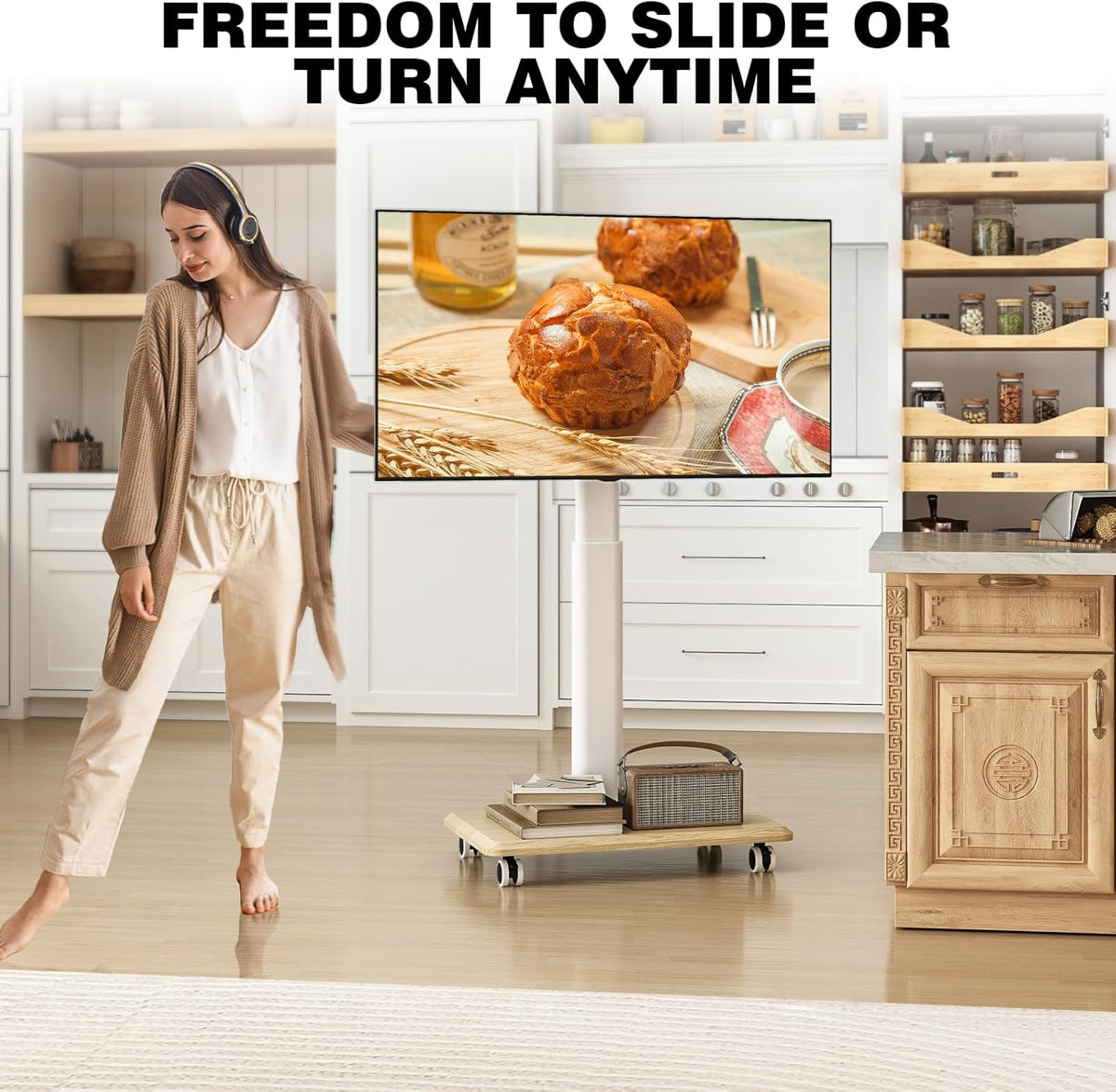TVON Rolling TV Stand for 32-70 Inch TVs，Elegant Floor TV Stand with Wheels