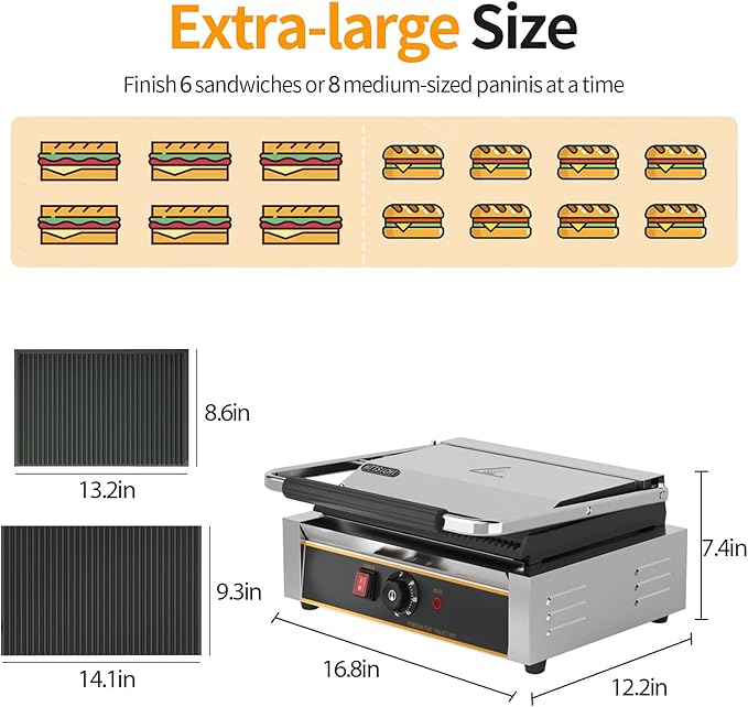 Commercial Panini Press - 2200W Commercial Electric Panini Sandwich Grill - Image 2
