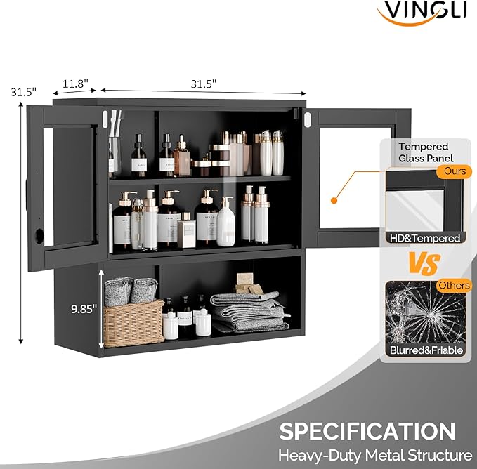 VINGLI Metal Wall Cabinet with Locking Glass Doors, Adjustable Shelf, Wall - Image 3