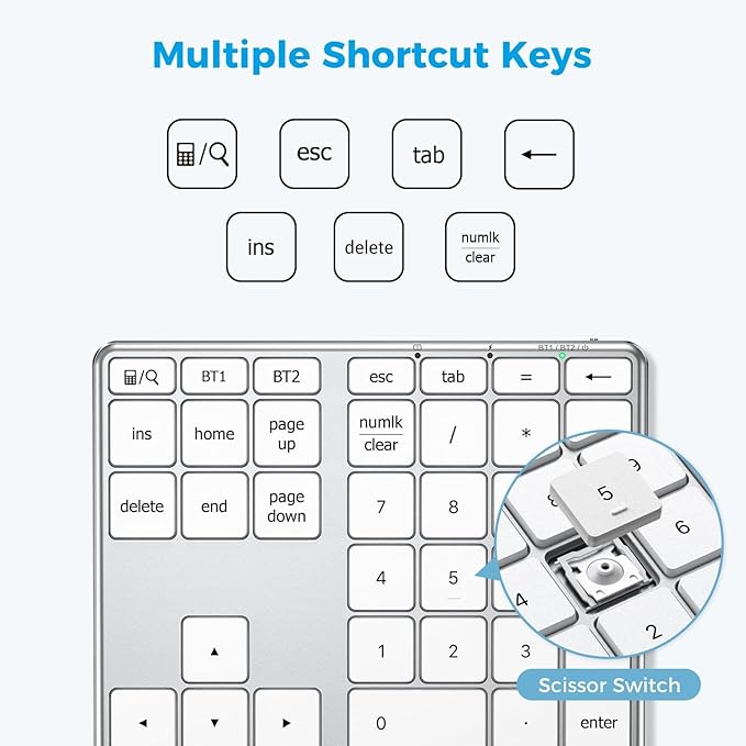 iClever KP10 Bluetooth Number Pad, Dual Device Connection, 34 Keys Ultra-Slim - Image 7