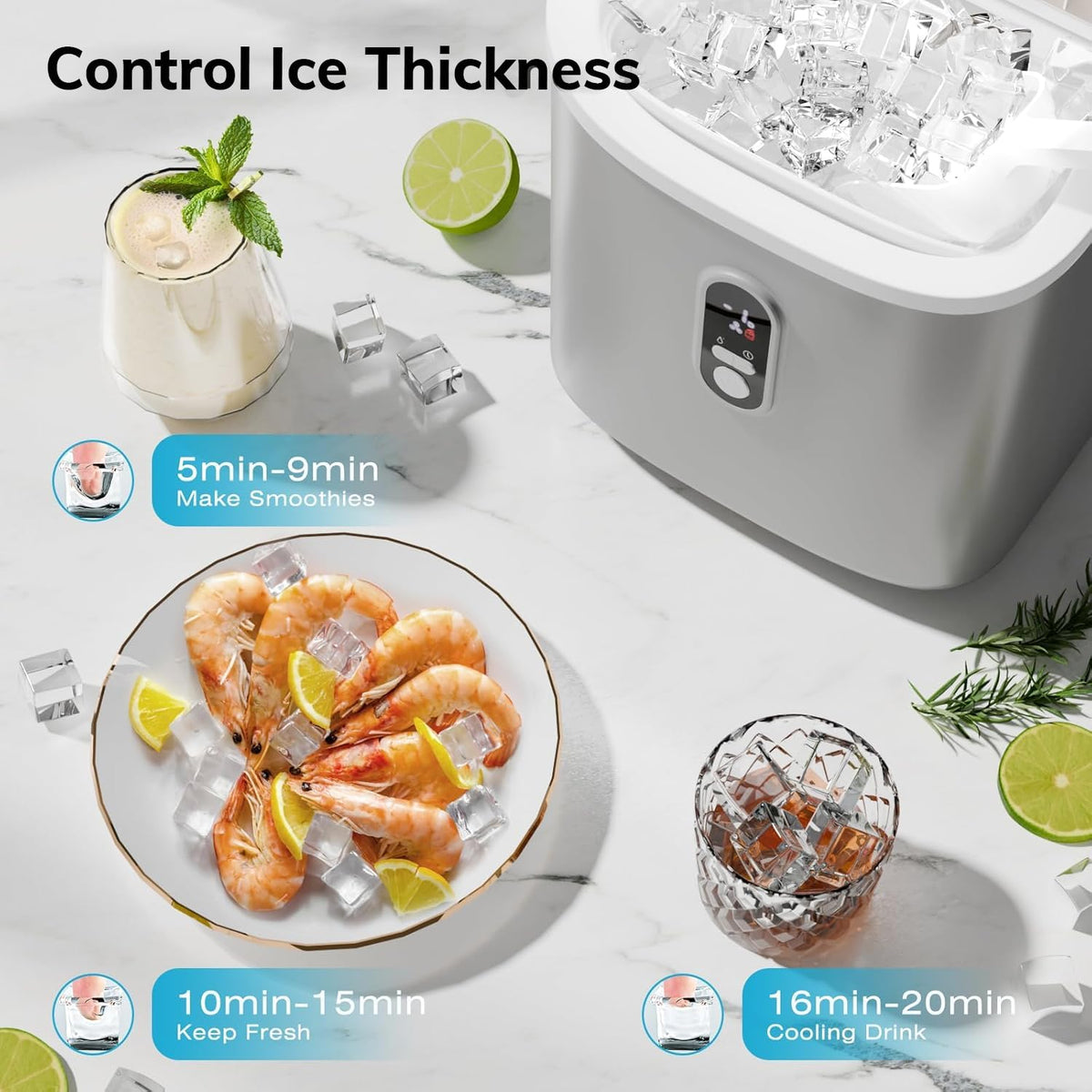 Antarctic Star Countertop Ice Maker Machine, 30lbs/24Hrs, 3 Thickness Ice Cub...