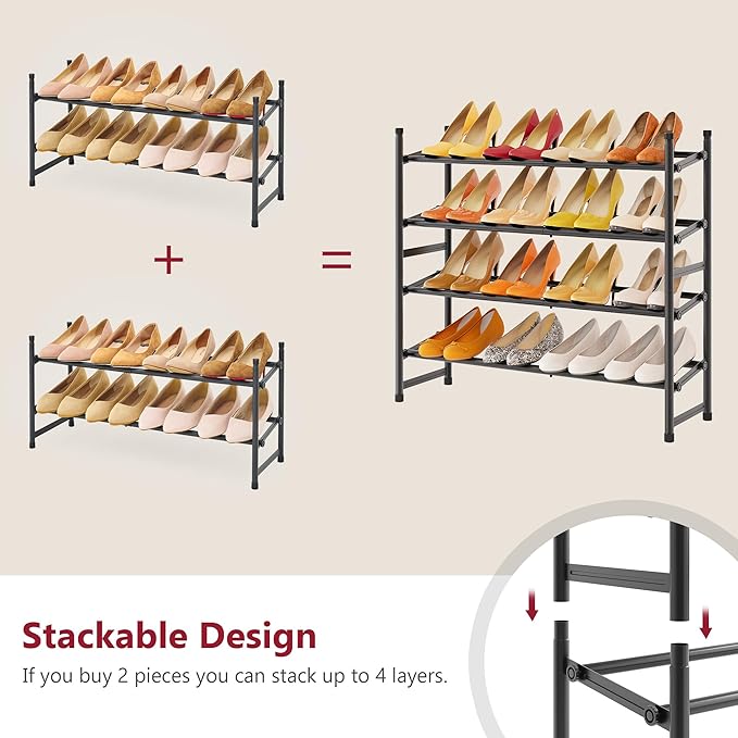 Tajsoon Expandable Shoe Rack for Closet 2 Tier, 28“-41“ Adjustable & Stackable - Image 6