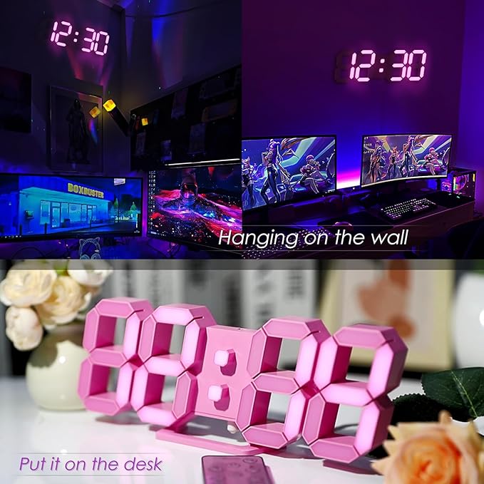 KOSUMOSU Pink LED Clock 3D Wall Clock 9.7" Table Clock - Image 2