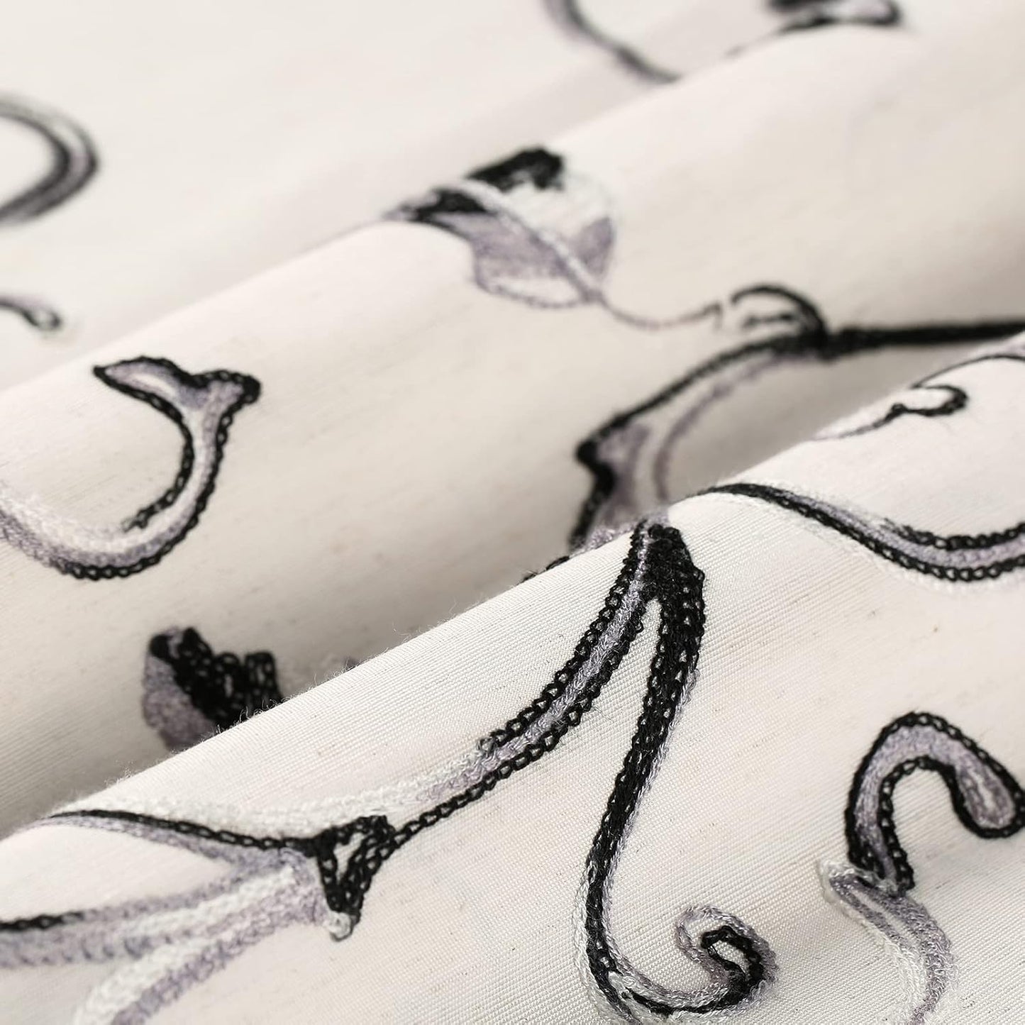 Gray Vine Embroidered Curtain Tie-Up Balloon Shade, 42 x 63 | Rod Pocket Top, Adjustable Ties, Light Filtering, 1 Panel, Farmhouse Style, Easy to Hang, for Kitchen Windows