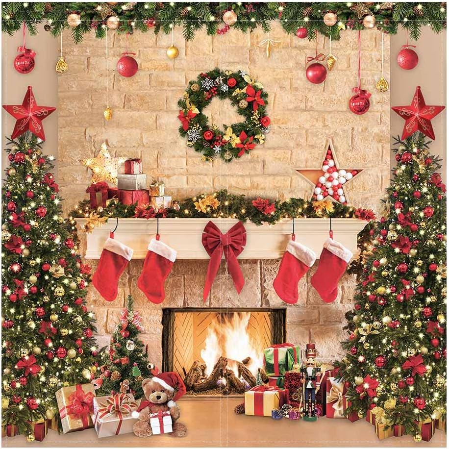 Funnytree Christmas Fireplace Window Curtains for Kids Merry Xmas Winter New Year's Eve Tree Gifts Holiday Baby Bedroom Nursery Toddler Home Party Decor Durable Fabric Machine Washable 82 in x 84 in