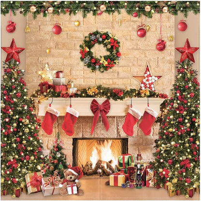 Funnytree Christmas Fireplace Window Curtains for Kids Merry Xmas Winter New Year's Eve Tree Gifts Holiday Baby Bedroom Nursery Toddler Home Party Decor Durable Fabric Machine Washable 82 in x 84 in