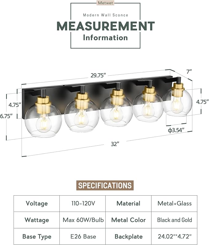 METWET Bathroom Light Fixtures, 5-Light Black and Gold Bathroom Vanity Light - Image 2