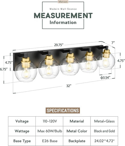 METWET Bathroom Light Fixtures, 5-Light Black and Gold Bathroom Vanity Light - Image 2