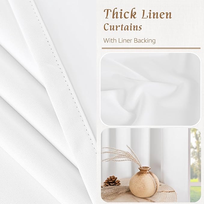 LAMIT White 100% Blackout Linen Curtains, 72 Inches Linen Textured Living Room - Image 9