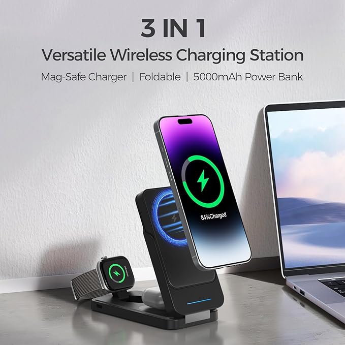 ANJANK 3 in 1 Foldable Wireless Charging Station, 5000mAh Removable Mag-Safe - Image 2