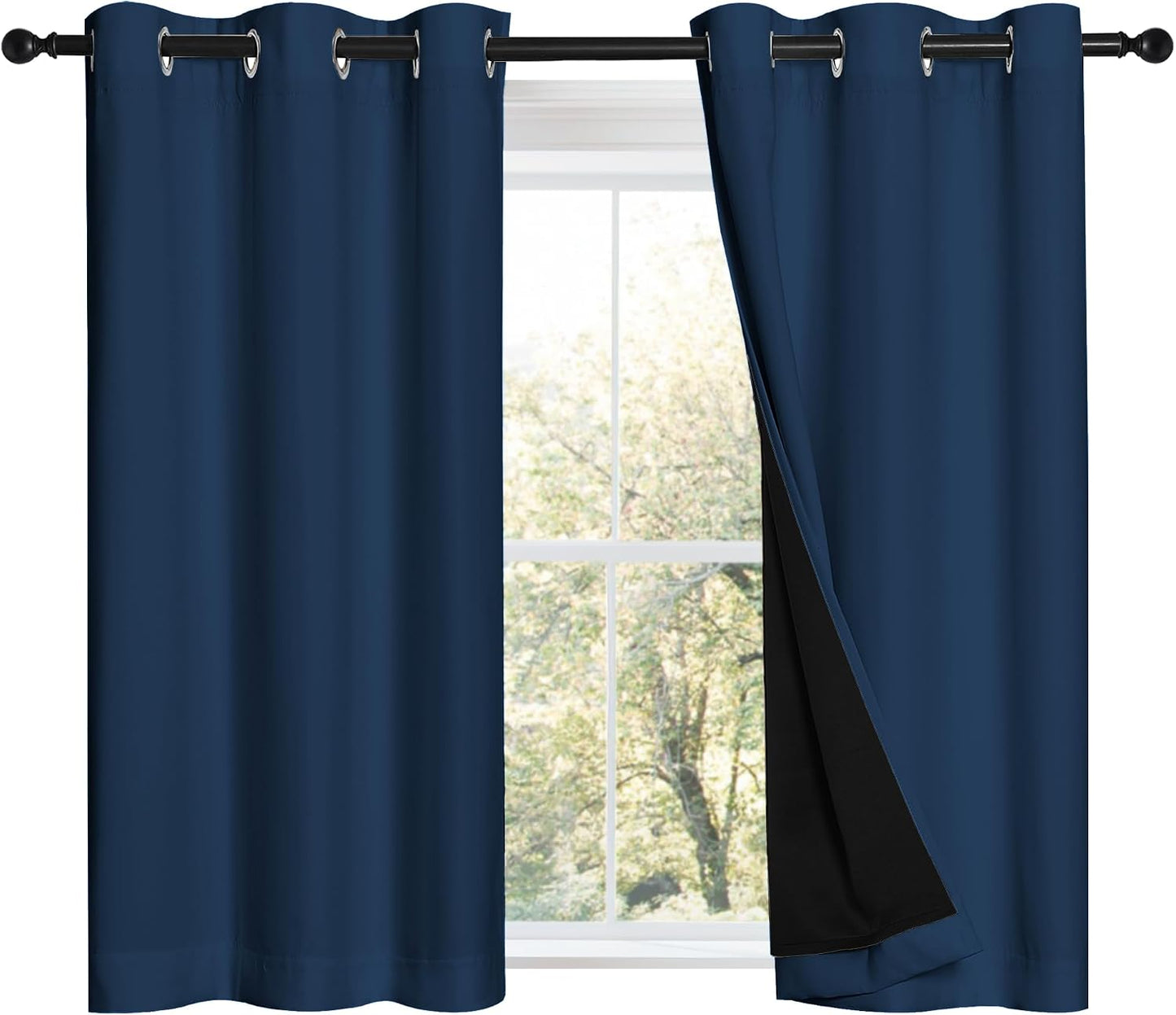 NICETOWN 100% Blackout Short Curtains with Black Liners, 2 Panels, 37" W by 40" L, Moroccan Blue, Thermal Insulated Full Blackout 2-Layer Lined Drapes, Energy Efficiency Window Draperies for Bedroom