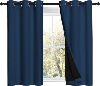 NICETOWN 100% Blackout Short Curtains with Black Liners, 2 Panels, 37" W by 40" L, Moroccan Blue, Thermal Insulated Full Blackout 2-Layer Lined Drapes, Energy Efficiency Window Draperies for Bedroom