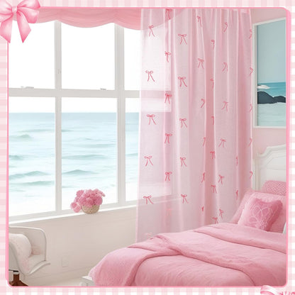 Tegeme 2 Panels Pink Bow Sheer Curtains for Bedroom 84 Inch | Embroidered Voile for Girls Room, Light Filtering Bedroom Decor, Sheer Panels for Kids Teens, Decorative Window Drapes