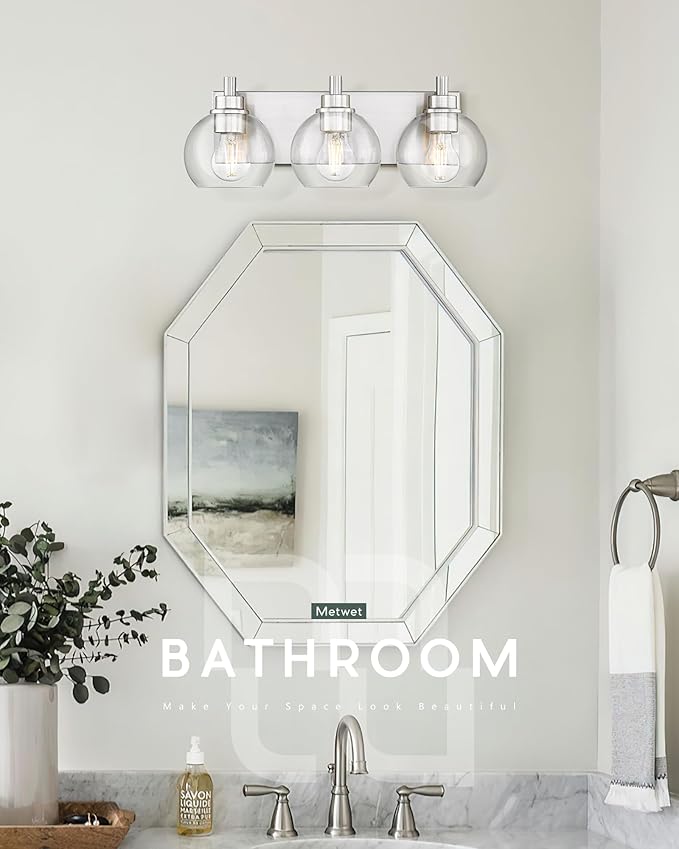 METWET Bathroom Light Fixtures, 3-Light Brushed Nickel Vanity Light, Modern - Image 5