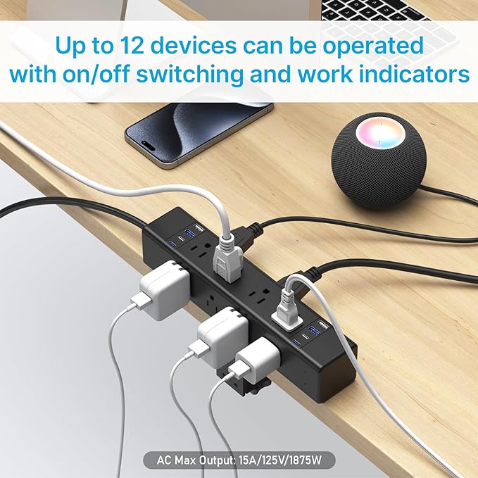 CCCEI Desk Outlet Station 20W USB C Port. 12 Outlet Desktop Clamp Power Strip - Image 5