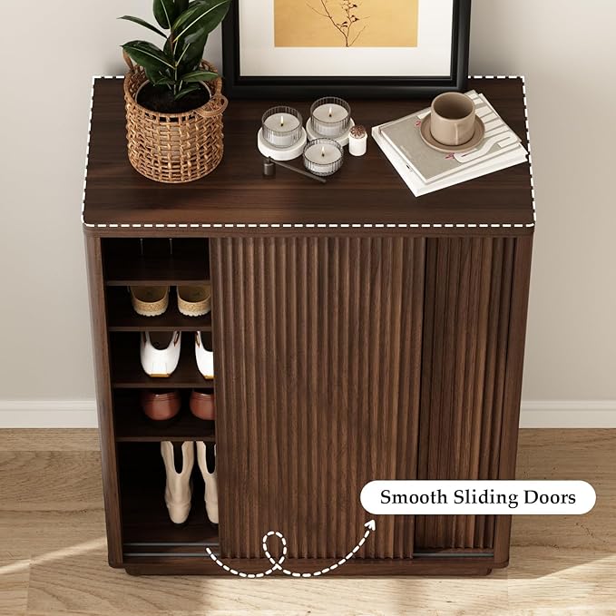 Fluted Shoe Cabinet with Sliding Door Set of 2, 6-Tier Large Hidden Storage - Image 5