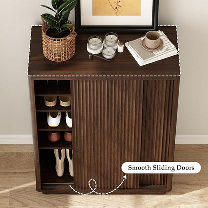 Fluted Shoe Cabinet with Sliding Door Set of 2, 6-Tier Large Hidden Storage - Image 5