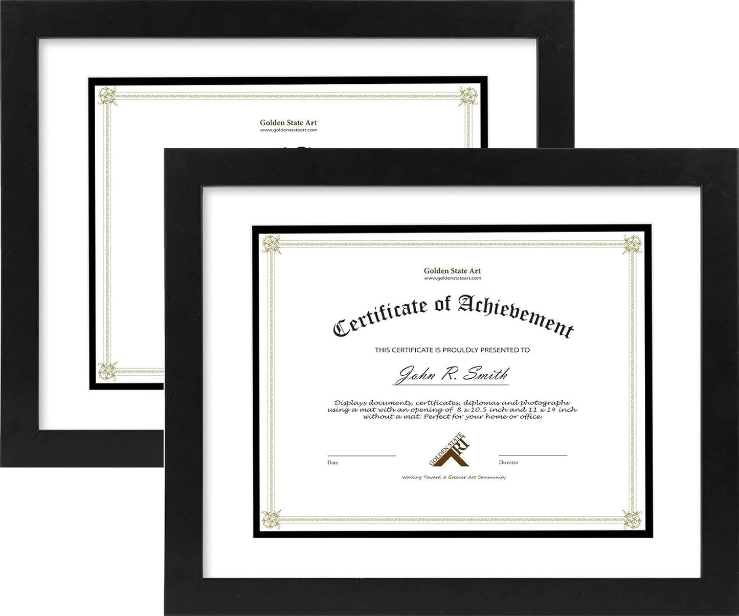 Golden State Art 11x14 Diploma Frame for 8.5x11 Document,Solid Wood/Glass | Fit For 11X14 Document & Certificates Without Mat,Double Mat(White With Black) ,Black ,2 Pack
