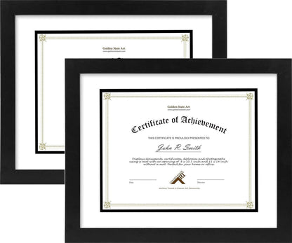 Golden State Art 11x14 Diploma Frame for 8.5x11 Document,Solid Wood/Glass | Fit For 11X14 Document & Certificates Without Mat,Double Mat(White With Black) ,Black ,2 Pack
