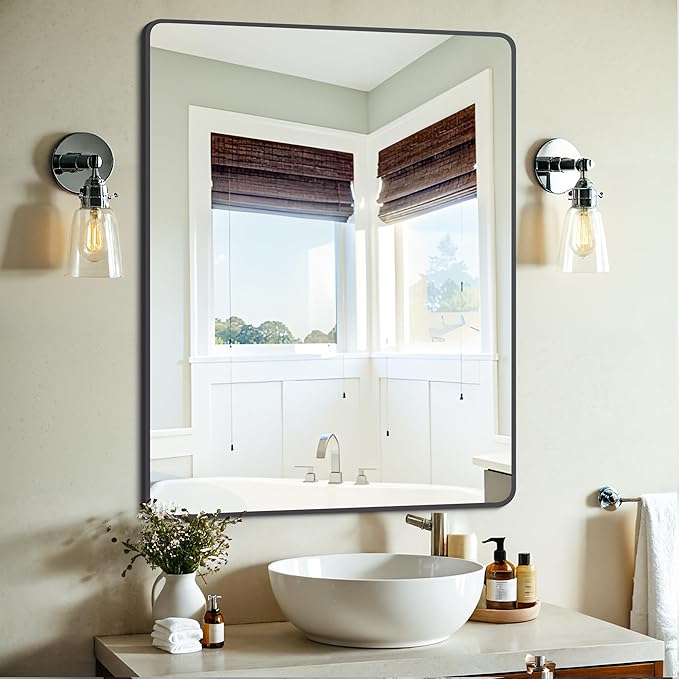 Black Bathroom Mirror, Decorative Rectangular Vanity Mirror by DESBING