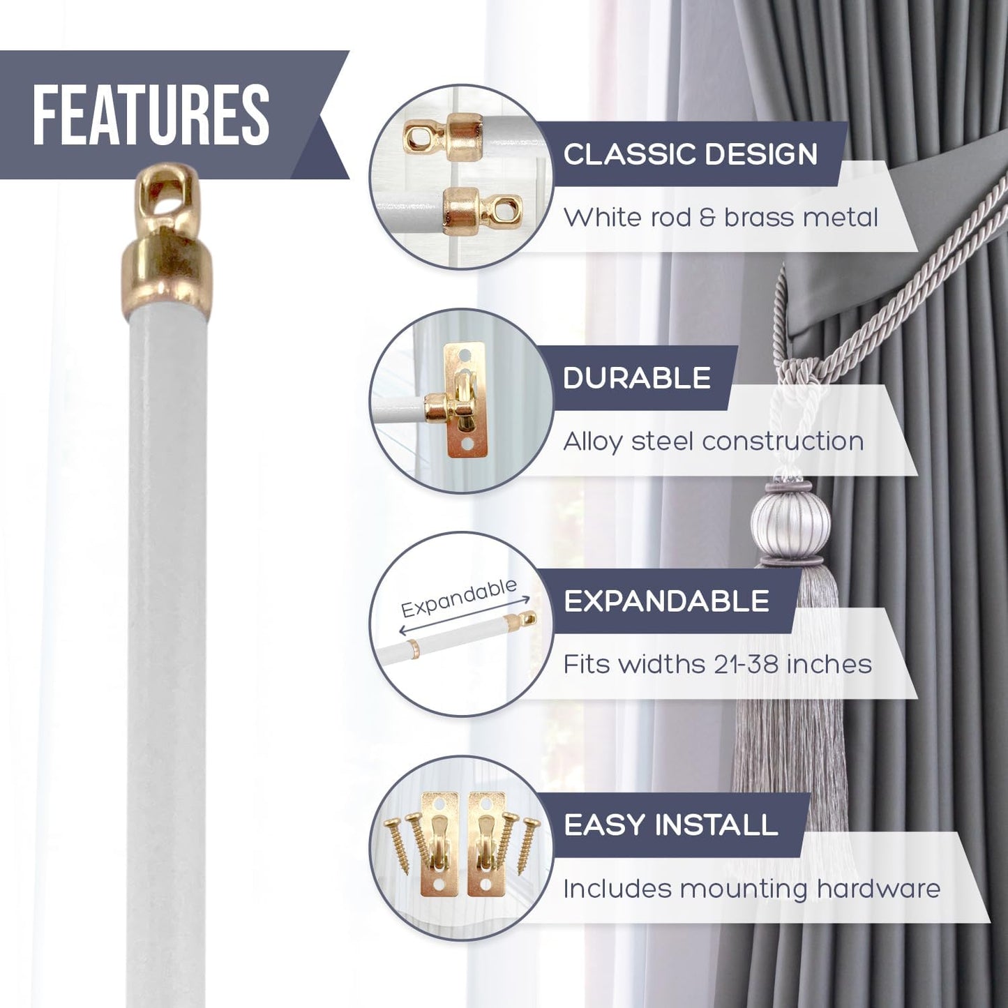 Amazing Drapery Hardware White Swivel Sash Curtain Rods with Brass Ends, Set of 4 (Hardware Included) - Adjustable Length 21-38 Inches, Easy to Install Metal Rods for Doors, Windows, and Sidelights