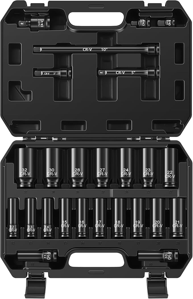 25-Piece 1/2" Drive Socket Set, Deep Sockets, Extension Bars, 1/2" F to 3/8" M by Reniteco