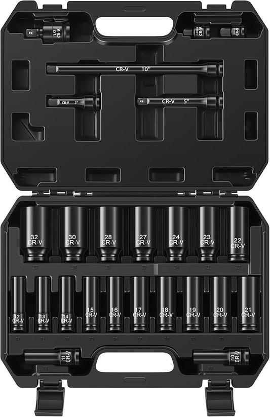 25-Piece 1/2" Drive Socket Set, Deep Sockets, Extension Bars, 1/2" F to 3/8" M by Reniteco