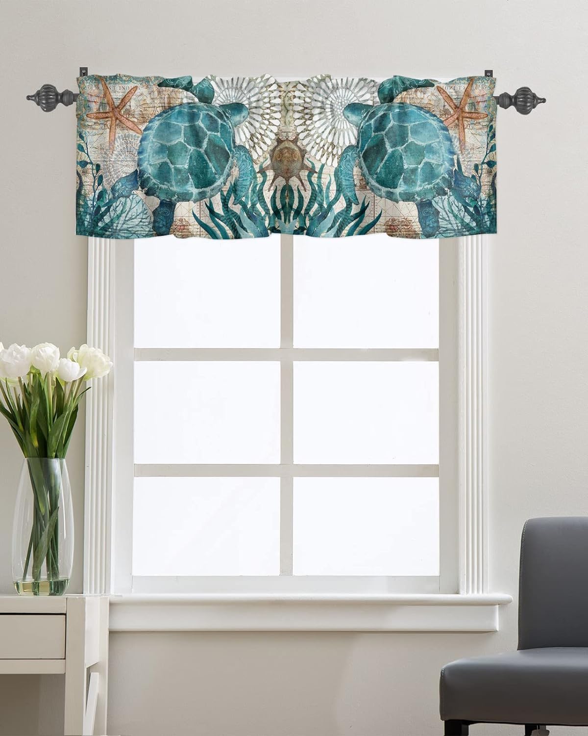 Nautical Turtle Curtains Valances for Bedroom Living Room,Starfish Curtains valance & Drapes Rod Pocket ,Seaweed Nautical Map Texture Valances for Kitchen Windows Curtain Over Sink 54x18in,1 Panel