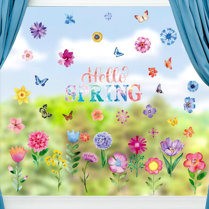 Yexiya 99 Pcs Summer Window Clings Flower Butterfly Window Decals for Glass Colorful PVC Reusable Spring Stickers for Summer Home Classroom Party Kids Room Decor(Cute Style)