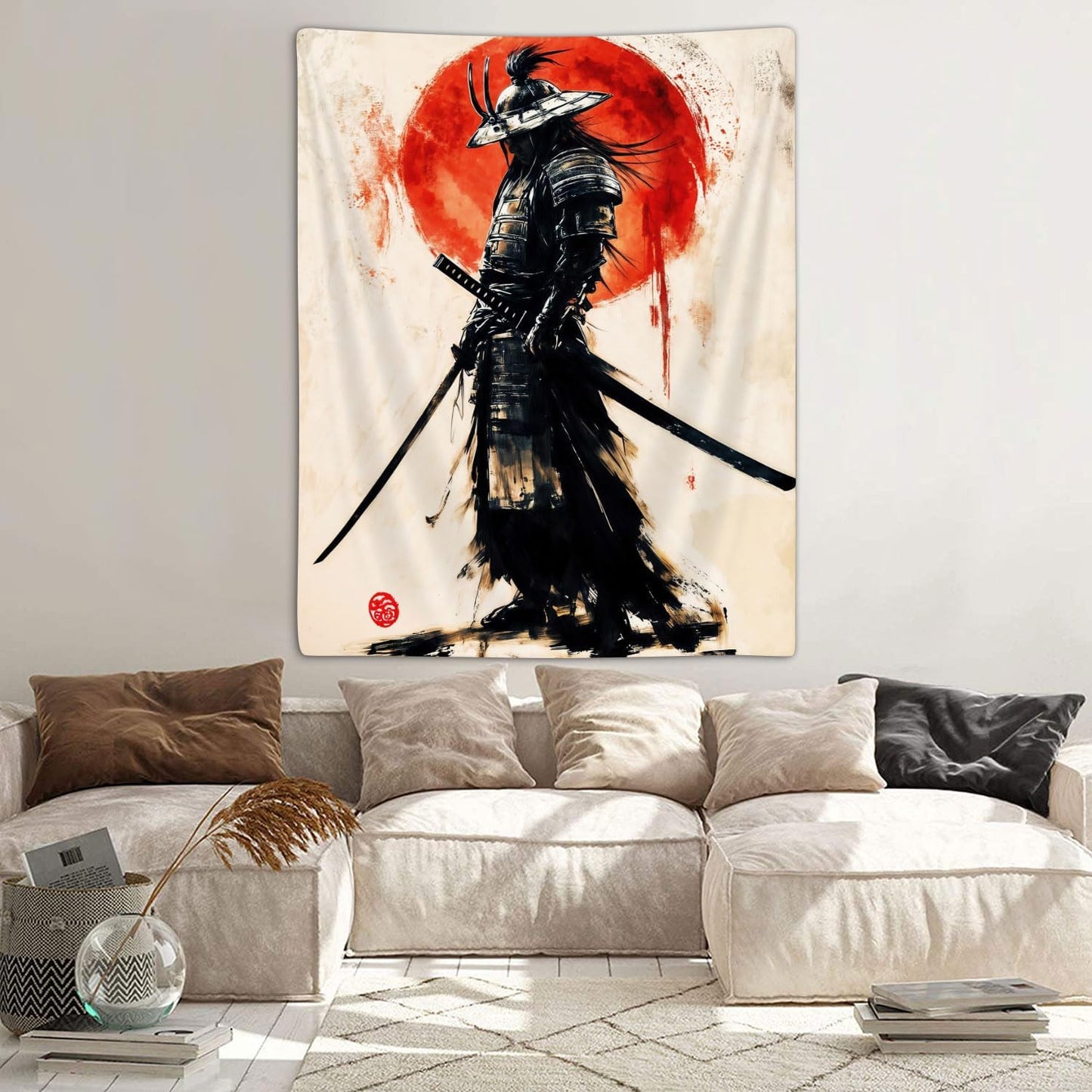 Sanzugh Anime Japanese Samurai Tapestry, Cool Japan Black and Red Sun Art Tapestries Wall Hanging for Men Boys Bedroom Decor 40X60 Poster
