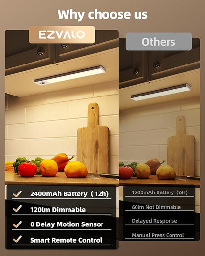 EZVALO 3 Pack Under Cabinet Lighting, Rechargeable Motion Sensor Light - Image 2