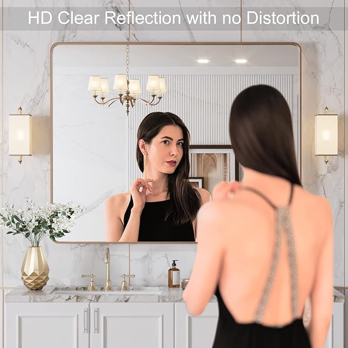 LOAAO 40”X36” Gold Bathroom Mirror, Rounded Rectangle Gold Frame Mirror - Image 2