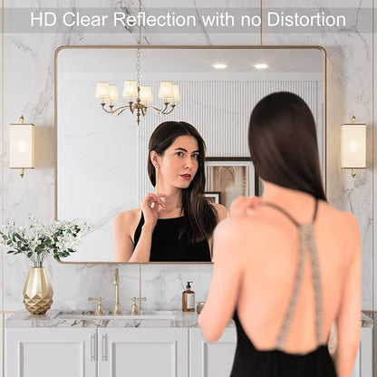 LOAAO 40”X36” Gold Bathroom Mirror, Rounded Rectangle Gold Frame Mirror - Image 2