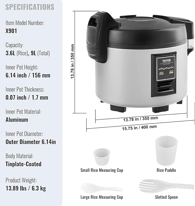 VEVOR Commercial Rice Cooker, 45-Cup Rice Cooker, 9.51 Qt / 9 Liter Large Rice - Image 7