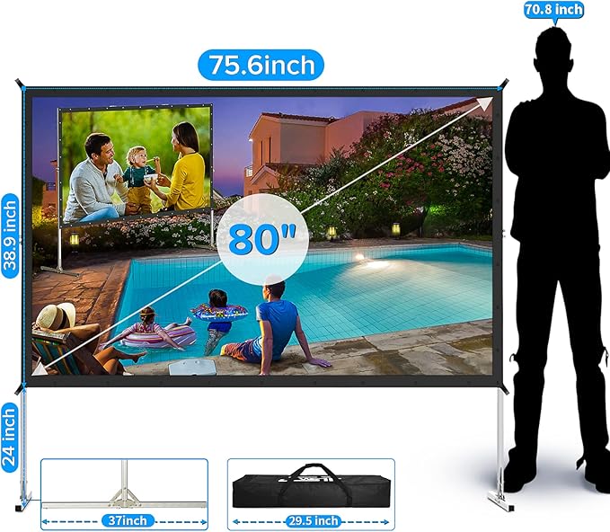 Projector Screen and Stand, 80 inch Outdoor Movie Screen-Upgraded 3 Layers PVC - Image 2