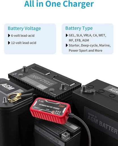 FOVAL 2-Amp Car Battery Charger, 6V and 12V Portable Automatic Smart Charger - Image 2