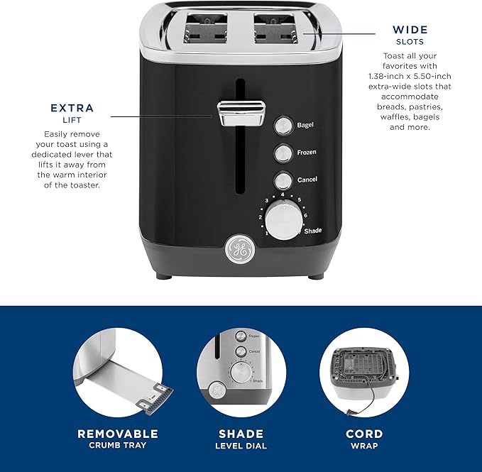 GE 2 Slice Black Stainless Steel Toaster, Extra Wide Slots - Image 5