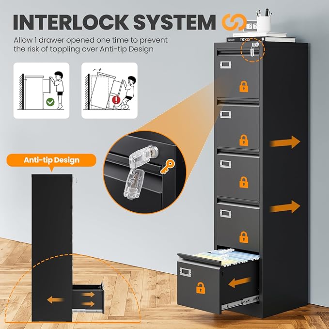 5 Drawer File Cabinet with Lock, Metal Filing Cabinets - Image 4