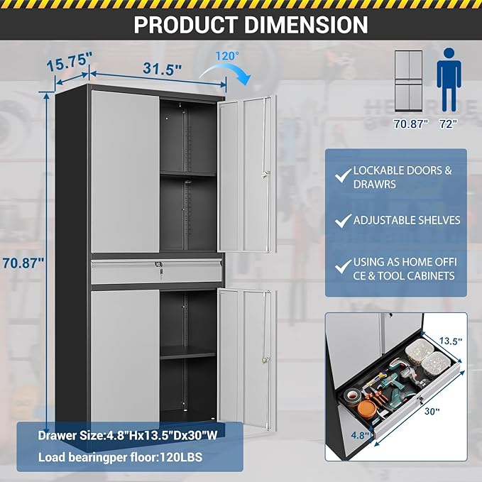 71" Metal Cabinet-Black&Gray Heavy Duty Storage File Cabinet Steel Tool Cabinets - Image 2