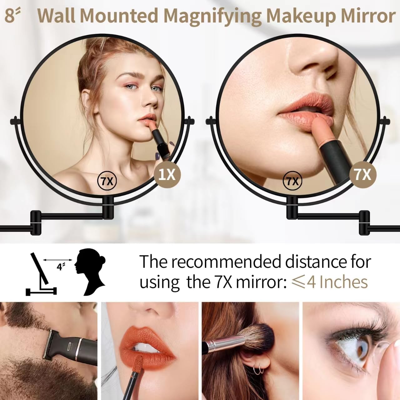 BTremary 8” Wall Mounted Magnifying Makeup Mirror 1X/7X Wall Mount Mirror Swing Arm Two-Sided 360° Swivel Bathroom Shaving Mirror for Men and Women in Hotel/Home, Black