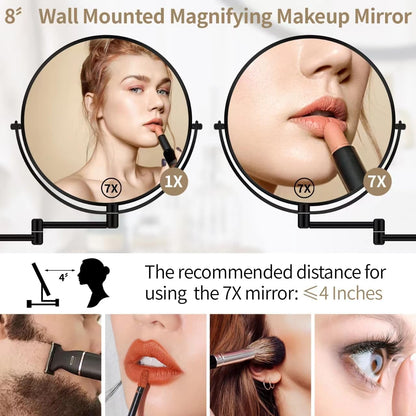 BTremary 8” Wall Mounted Magnifying Makeup Mirror 1X/7X Wall Mount Mirror Swing Arm Two-Sided 360° Swivel Bathroom Shaving Mirror for Men and Women in Hotel/Home, Black