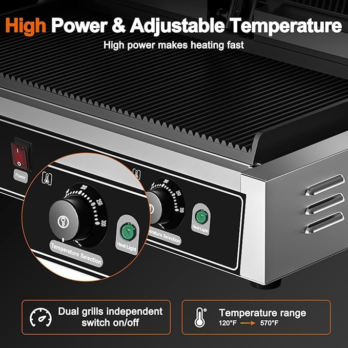 Commercial Dual Head Panini Grill, 3400W Electric Sandwich Panini Maker - Image 6