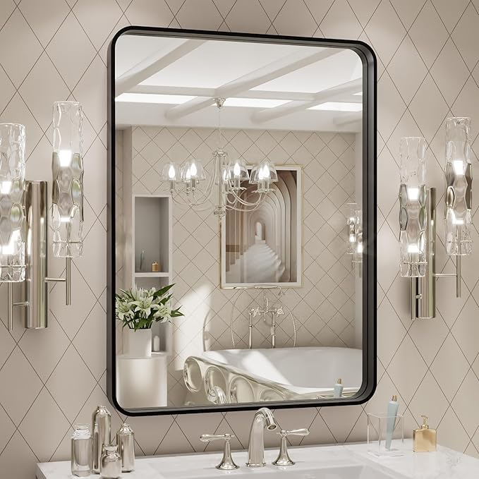 LOAAO 24X32 Inch Black Metal Framed Bathroom Mirror by LOAAO